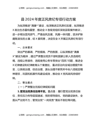 县2024年度正风肃纪专项行动方案