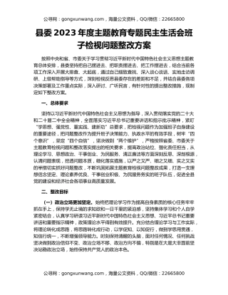 县委2023年度主题教育专题民主生活会班子检视问题整改方案
