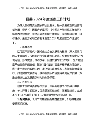 县委2024年度巡察工作计划