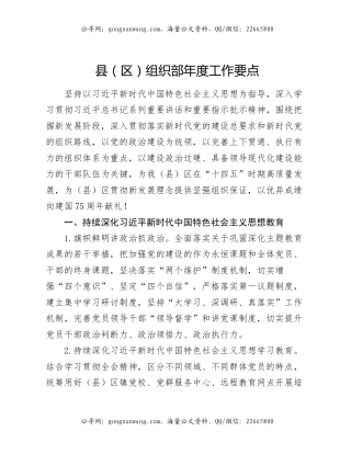 县（区）组织部年度工作要点