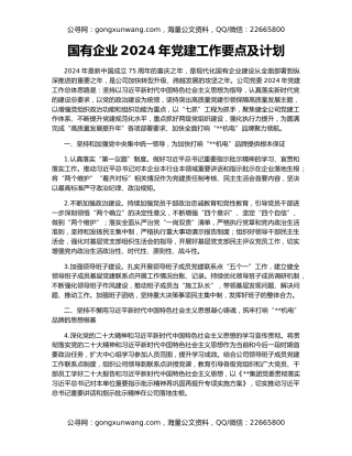 国有企业2024年党建工作要点及计划