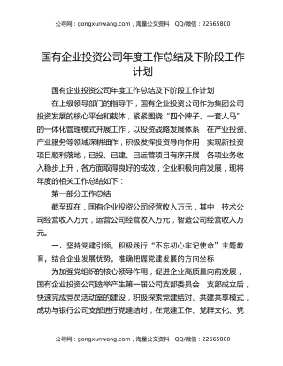 国有企业投资公司年度工作总结及下阶段工作计划