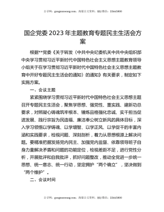 国企党委2023年主题教育专题民主生活会方案