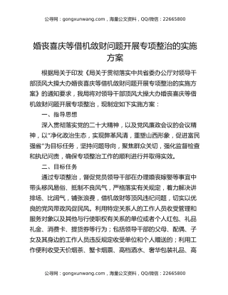 婚丧喜庆等借机敛财问题开展专项整治的实施方案