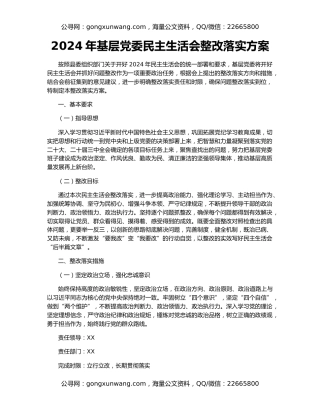 2024年基层党委民主生活会整改落实方案
