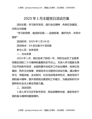 2025年1月主题党日活动方案