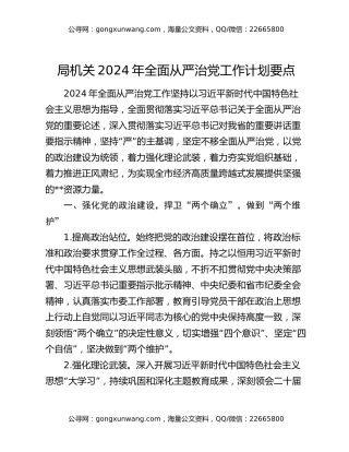 局机关2024年全面从严治党工作计划要点