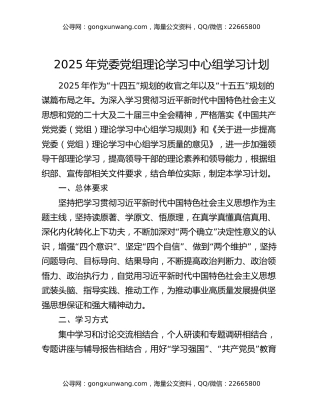 2025年党委党组理论学习中心组学习计划
