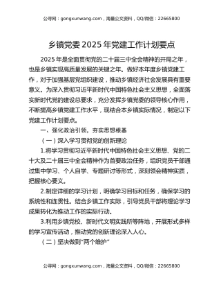 乡镇党委2025年党建工作计划要点