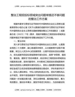 整治工程招投标领域突出问题举措还不够问题的整治工作方案