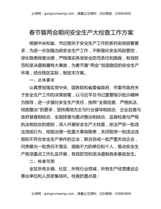 春节暨两会期间安全生产大检查工作方案