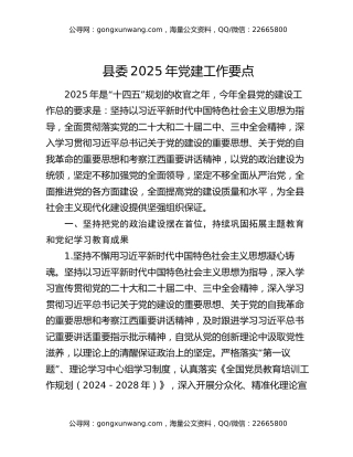 县委2025年党建工作要点