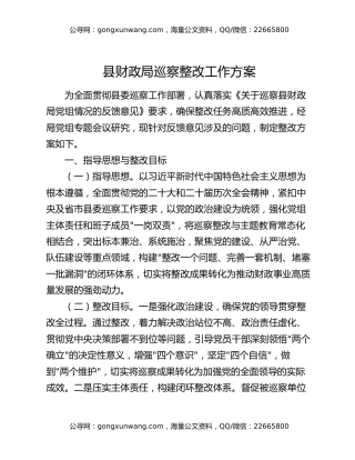 县财政局巡察整改工作方案