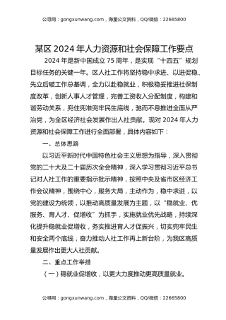 某区2024年人力资源和社会保障工作要点