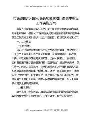 市医德医风问题和医药领域腐败问题集中整治工作实施方案