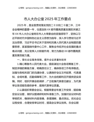 市人大办公室2025年工作要点