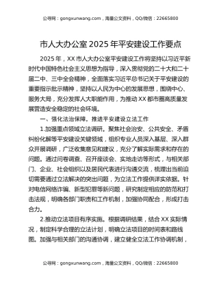 市人大办公室2025年平安建设工作要点
