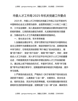 市委人才工作局2025年机关党建工作要点