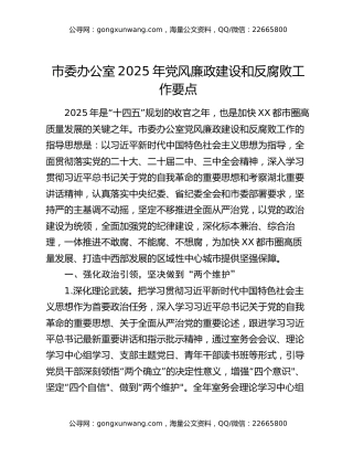市委办公室2025年党风廉政建设和反腐败工作要点