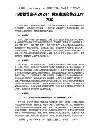 市委领导班子2024年民主生活会整改工作方案