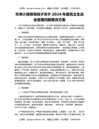 市审计局领导班子关于2024年度民主生活会查摆问题整改方案