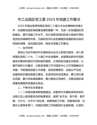 市工业园区党工委2025年党建工作要点