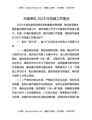 市直单位2025年党建工作要点