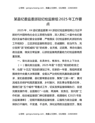 某县纪委监委派驻纪检监察组2025年工作要点