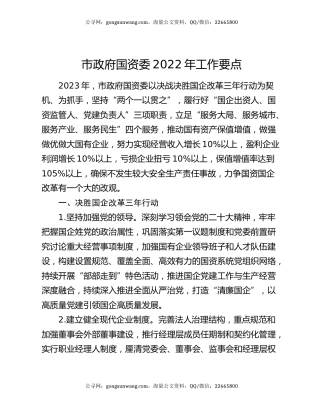 市政府国资委2022年工作要点