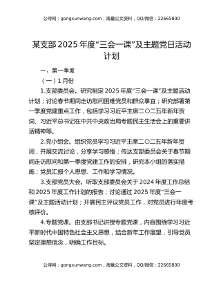 某支部2025年度“三会一课”及主题党日活动计划