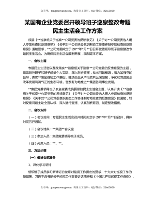 某国有企业党委召开领导班子巡察整改专题民主生活会工作方案