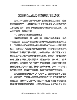 某国有企业党委调查研究行动方案