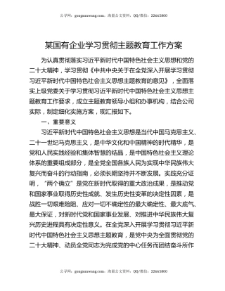 某国有企业学习贯彻主题教育工作方案
