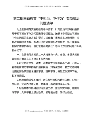 第二批主题教育“不担当、不作为”专项整治问题清单