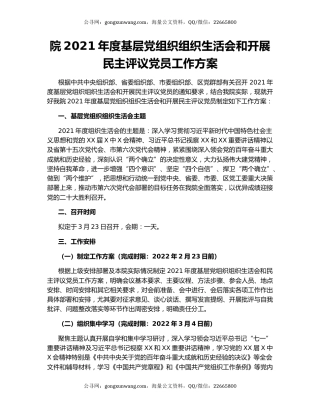 院2021年度基层党组织组织生活会和开展民主评议党员工作方案