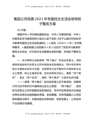 集团公司党委2021年专题民主生活会领导班子整改方案