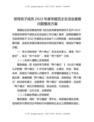 领导班子成员2022年度专题民主生活会查摆问题整改方案