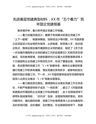 先进基层党建典型材料：XX市“五个着力”筑牢国企党建根基