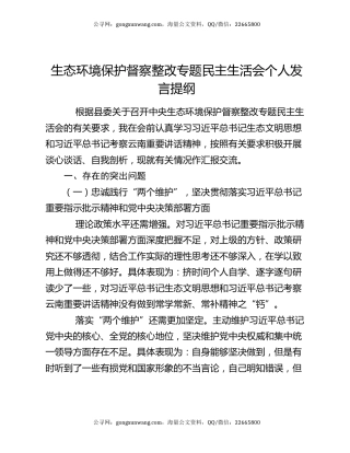 生态环境保护督察整改专题民主生活会个人发言提纲