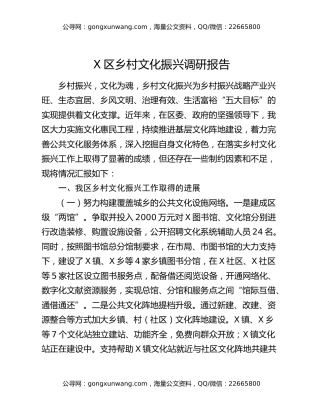 X区乡村文化振兴调研报告