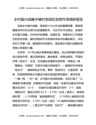 乡村振兴战略中镇村党组织发挥作用调研报告