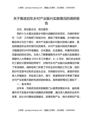 关于推进启东乡村产业振兴实施情况的调研报告