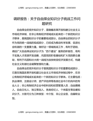 调研报告：关于自由择业知识分子统战工作问题研究