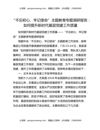 “不忘初心、牢记使命”主题教育专题调研报告：如何提升新时代基层党建工作质量
