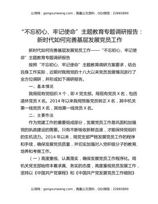 “不忘初心、牢记使命”主题教育专题调研报告：新时代如何完善基层发展党员工作