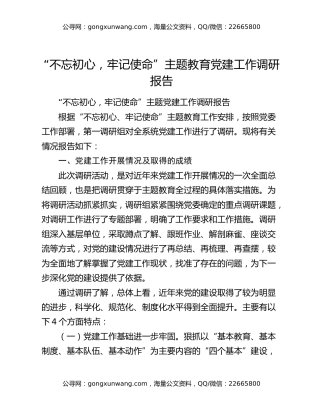 “不忘初心，牢记使命”主题教育党建工作调研报告