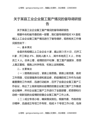 关于某县工业企业复工复产情况的督导调研报告