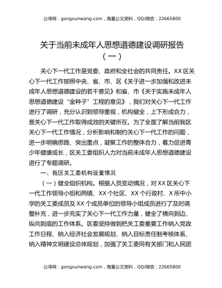 关于当前未成年人思想道德建设调研报告（一）