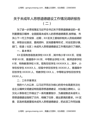 关于未成年人思想道德建设工作情况调研报告 （二）