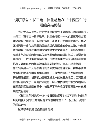调研报告：长三角一体化趋势在“十四五”时期的突破路径